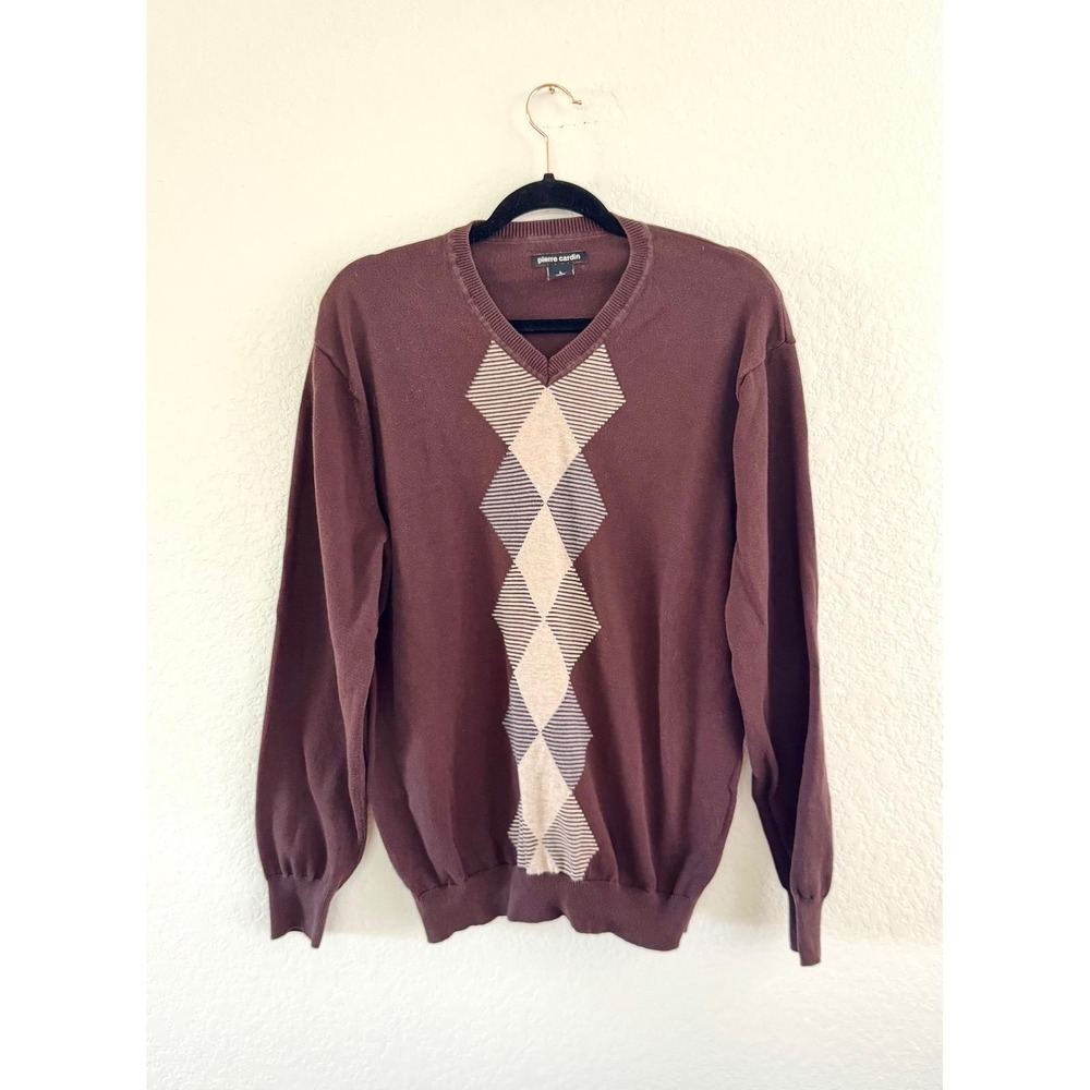 Vintage Pierre‎ Cardin Mens V Neck Argyle Sweater Brown Cotton Size L